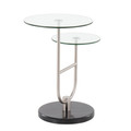 Trombone table in Black Marble, Nickel, Clear Glass, back and side view, featuring glass top