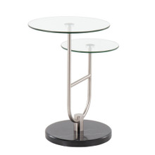 Trombone table in Black Marble, Nickel, Clear Glass, back and side view, featuring glass top