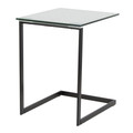 Zenn end table in Black Metal, Clear Glass, back and side view, featuring glass top