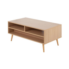 Astro coffee table in Natural Wood, White Wood, back and side view, featuring wood frame and storage