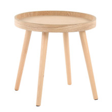 Pebble table set in Natural Wood, side view, featuring wood frame