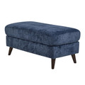 Carly ottoman in Espresso Wood, Blue Fabric, back and side view, featuring wood frame