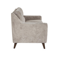 Carly Upholstered 73" Contemporary Sofa in Espresso Wood and Pewter Fabric — side view