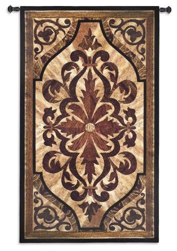 Wood Inlay Birch | Woven Tapestry Wall Art Hanging | Replicated Wood Carved Motif Scrolling Accents | 100% Cotton USA Size 53x31 Wall Tapestry