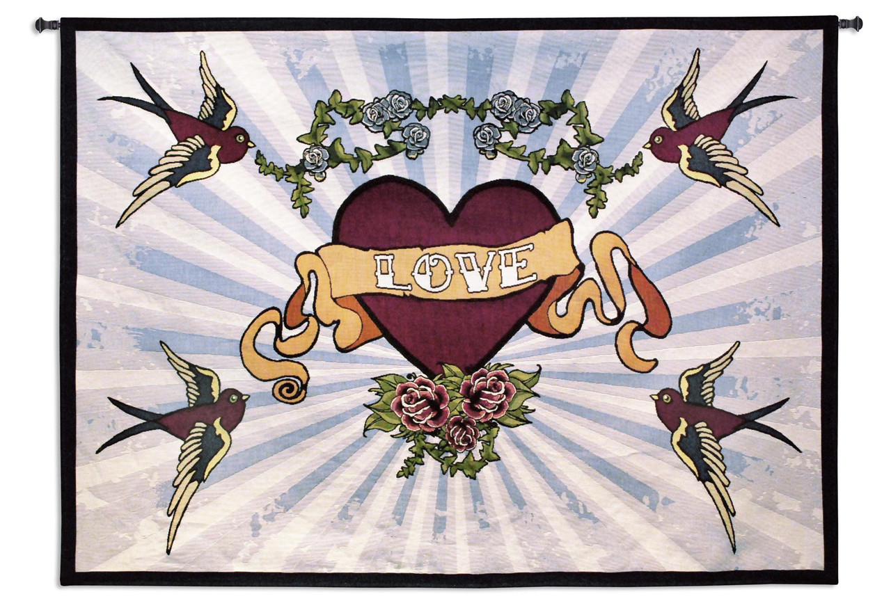Tattoo Woven Tapestry Wall Art Hanging Framed Iconic Lovely Heart  Design 100% Cotton USA Size 53x38