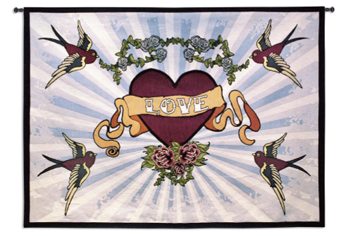 Tattoo | Woven Tapestry Wall Art Hanging | Framed Iconic Lovely Heart Design | 100% Cotton USA Size 53x38 Wall Tapestry