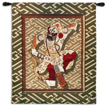 Eastern Warrior | Woven Tapestry Wall Art Hanging | Animated Asian Papercut Swordsman on Green Pattern | 100% Cotton USA Size 52x43 Wall Tapestry
