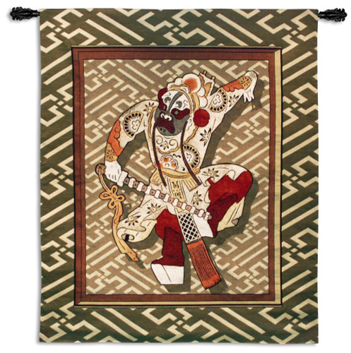 Eastern Warrior | Woven Tapestry Wall Art Hanging | Animated Asian Papercut Swordsman on Green Pattern | 100% Cotton USA Size 52x43 Wall Tapestry
