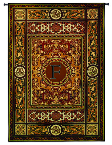 Monogram Medallion F | Woven Tapestry Wall Art Hanging | Ornate Symmetric Mosaic Artwork with Decorative Letter “F” | 100% Cotton USA Size 75x53 Wall Tapestry