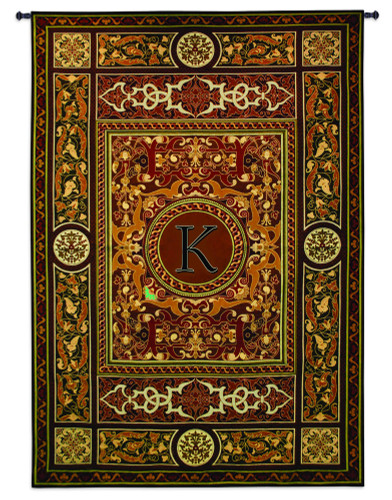 Monogram Medallion K | Woven Tapestry Wall Art Hanging | Ornate Symmetric Mosaic Artwork with Decorative Letter “K” | 100% Cotton USA Size 75x53 Wall Tapestry