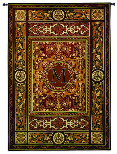 Monogram Medallion M | Woven Tapestry Wall Art Hanging | Ornate Symmetric Mosaic Artwork with Decorative Letter “M” | 100% Cotton USA Size 75x53 Wall Tapestry