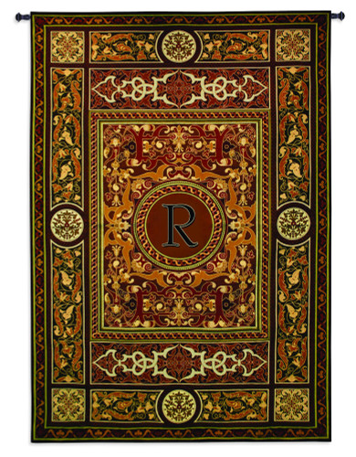 Monogram Medallion R | Woven Tapestry Wall Art Hanging | Ornate Symmetric Mosaic Artwork with Decorative Letter “R” | 100% Cotton USA Size 75x53 Wall Tapestry