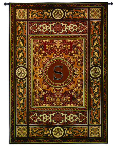 Monogram Medallion S | Woven Tapestry Wall Art Hanging | Ornate Symmetric Mosaic Artwork with Decorative Letter “S” | 100% Cotton USA Size 75x53 Wall Tapestry