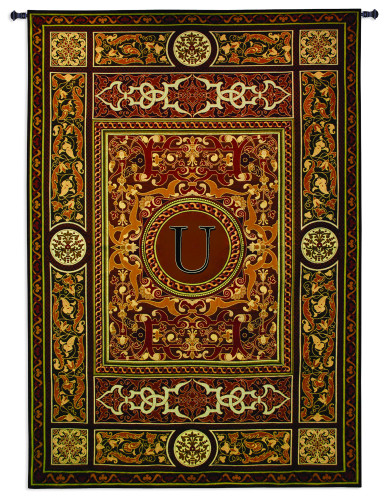 Monogram Medallion U | Woven Tapestry Wall Art Hanging | Ornate Symmetric Mosaic Artwork with Decorative Letter “U” | 100% Cotton USA Size 75x53 Wall Tapestry