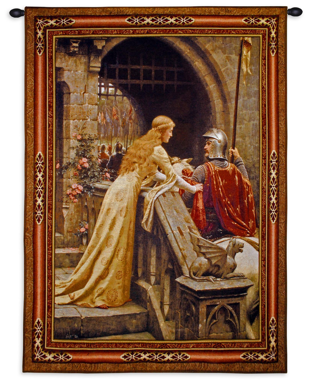 Godspeed Edmund Blair Leighton Woven Tapestry Wall Art Hanging Medieval  Lady with Arthurian Knight 100% Cotton USA Size 40x31