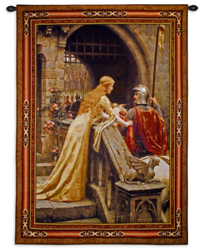Godspeed Edmund Blair Leighton | Woven Tapestry Wall Art Hanging | Medieval Lady with Arthurian Knight | 100% Cotton USA Size 40x31 Wall Tapestry
