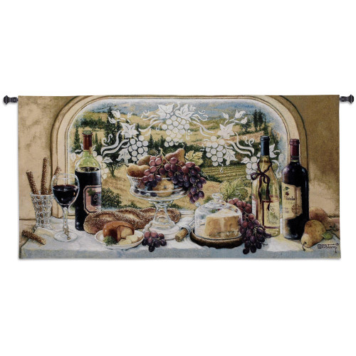 Harvest Celebration by Janet Kruskamp | Woven Tapestry Wall Art Hanging | Decadent Autumn Feast Still Life on Vineyard Hillside | 100% Cotton USA Size 64x31 Wall Tapestry