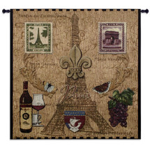 Paris with Love by Acorn Studios | Woven Tapestry Wall Art Hanging | French Vintage Iconic Symbols on Eiffel Tower Background | 100% Cotton USA Size 53x53 Wall Tapestry