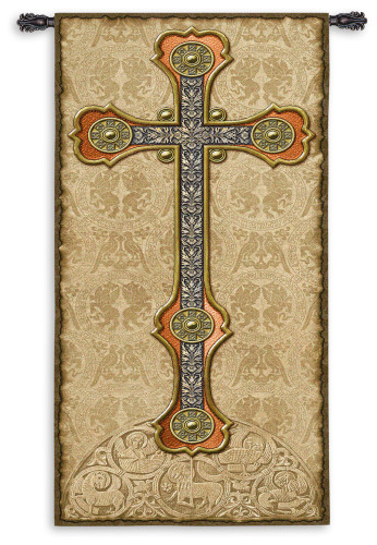 Vertical Cross | Woven Tapestry Wall Art Hanging | Medieval Gothic Spiritual Artwork with Metal and Wooden Tones | 100% Cotton USA Size 60x26 Wall Tapestry