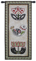 Folk Song by Chariklia Zarris | Woven Tapestry Wall Art Hanging | Birds and Flowers Vertical Folk Art Design | 100% Cotton USA Size 69x31 Wall Tapestry