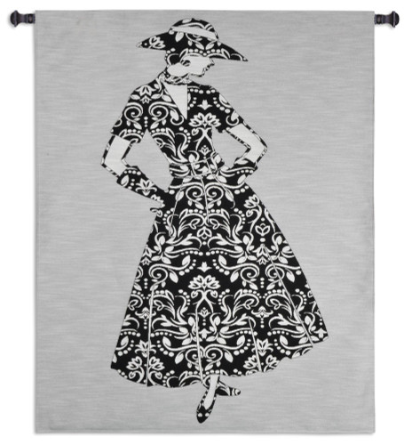 Femme Fatale | Woven Tapestry Wall Art Hanging | Stylish Woman in Stark Floral Black and White Dress | 100% Cotton USA Size 52x42 Wall Tapestry