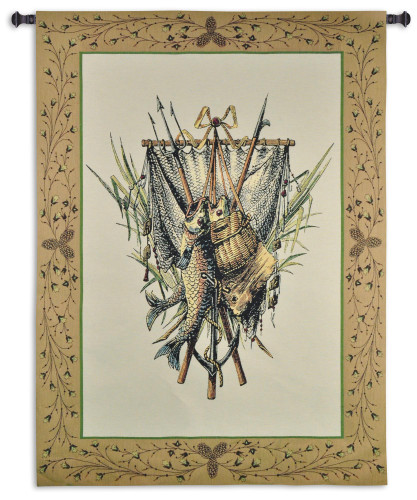 Fishing Gear | Woven Tapestry Wall Art Hanging | Fishing Supplies with Caught Fish Cabin Lodge Decor | 100% Cotton USA Size 59x44 Wall Tapestry