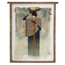 Worldly Woman by Teresa Joseph | Woven Tapestry Wall Art Hanging | Elegant African Woman with Bowl and Leopard Print | 100% Cotton USA Size 41x31 Wall Tapestry