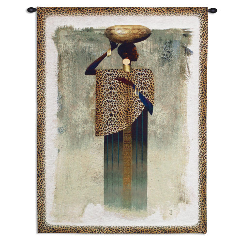 Worldly Woman by Teresa Joseph | Woven Tapestry Wall Art Hanging | Elegant African Woman with Bowl and Leopard Print | 100% Cotton USA Size 41x31 Wall Tapestry