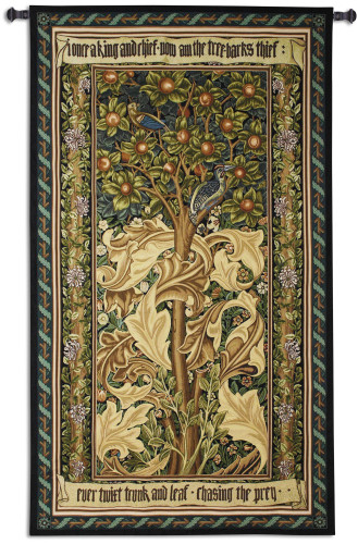 Woodpecker Gold by William Morris | Arts and Crafts Style Woven Tapestry Wall Art Hanging | Woodpeckers Stealing Fruit among Acanthus Leaves | 100% Cotton USA Size 72x41 Wall Tapestry