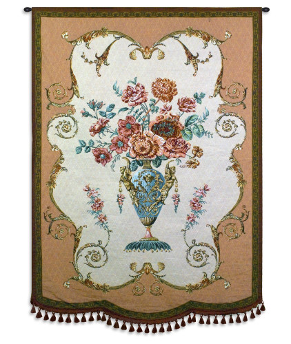 Aubusson | Woven Tapestry Wall Art Hanging | Elegant Pink Rose Bouquet in Regal Vase Still Life | 100% Cotton USA Size 49x36 Wall Tapestry