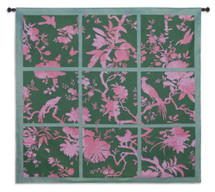 Floral Division Sage and Pink | Woven Tapestry Wall Art Hanging | Silhouetted Tropical Birds and Plants Panel Artwork | 100% Cotton USA Size 53x52 Wall Tapestry