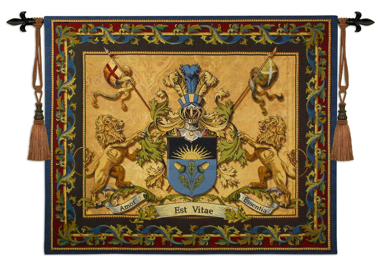 Love Strength Courage Woven Tapestry Wall Art Hanging Coat of Arms  “Amor Est Vitae Essentia” 100% Cotton USA Size 64x53