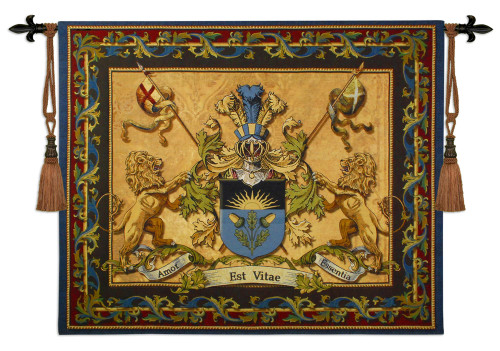 Love Strength Courage | Woven Tapestry Wall Art Hanging | Coat of Arms “Amor Est Vitae Essentia” | 100% Cotton USA Size 64x53 Wall Tapestry