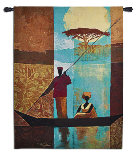 On the River I by Keith Mallett | Woven Tapestry Wall Art Hanging | Riverboat Scene on Abstract African Landscape | 100% Cotton USA Size 63x47 Wall Tapestry