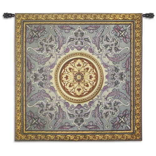 Violaceous Beauty | Woven Tapestry Wall Art Hanging | Intricate Floral Design with Golden Orb Centerpiece | 100% Cotton USA Size 52x52 Wall Tapestry