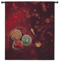 Golden Spoon | Woven Tapestry Wall Art Hanging | Luxurious Fruit Dessert on Ornate Deep Red Tablecloth | 100% Cotton USA Size 50x40 Wall Tapestry