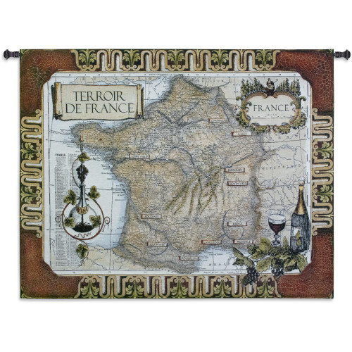 French Wine Country | Woven Tapestry Wall Art Hanging | Vineyard Locations on Vintage French Map | 100% Cotton USA Size 53x42 Wall Tapestry