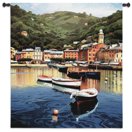 Harbor at Last Light by Ramon Pujol | Woven Tapestry Wall Art Hanging | Peaceful Small Sailboats Anchored in Picturesque Harbor | 100% Cotton USA Size 53x50 Wall Tapestry