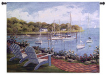 Harborside Reflection by Carol Saxe | Woven Tapestry Wall Art Hanging | Adirondack Chairs Overlooking Harbor Sailboats | 100% Cotton USA Size 53x40 Wall Tapestry