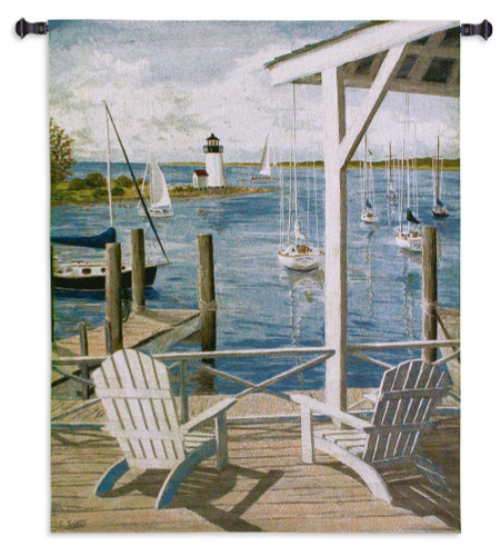 Lighthouse View | Woven Tapestry Wall Art Hanging | Relaxing Harbor View with Lighthouse | 100% Cotton USA Size 53x40 Wall Tapestry