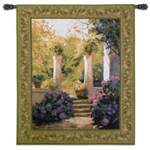 Jardi Interior Claustre | Woven Tapestry Wall Art Hanging | Lush Impressionist Courtyard Entrance with Hydangeas | 100% Cotton USA Size 53x44 Wall Tapestry