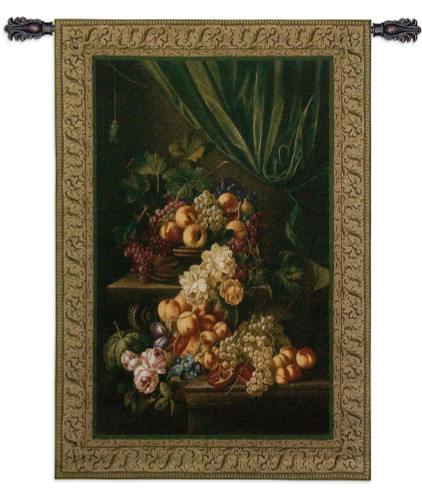 Emerald Elegance by Riccardo Bianchi | Woven Tapestry Wall Art Hanging | Lush Vintage Flowers Peaches and Grapes Still Life | 100% Cotton USA Size 53x36 Wall Tapestry