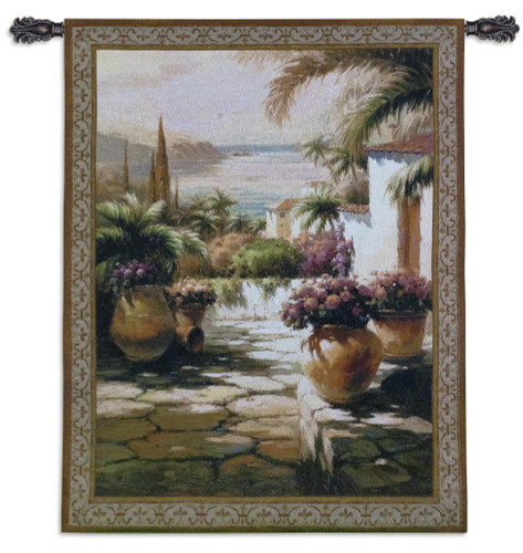 Courtyard View I | Woven Tapestry Wall Art Hanging | Contemporary Tuscan Villa Harbor Mediterranean Seascape | 100% Cotton USA Size 53x38 Wall Tapestry
