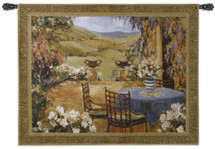 Countryside Terrace by Allayn Stevens | Woven Tapestry Wall Art Hanging | Romantic Floral Balcony on European Landscape | 100% Cotton USA Size 53x42 Wall Tapestry