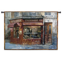Aux Mousquetaries | Woven Tapestry Wall Art Hanging | Vintage French Bakery Street Scene | 100% Cotton USA Size 53x38 Wall Tapestry