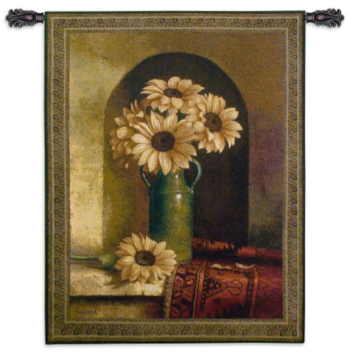 Sunflowers with Persian Rug by Loran Speck | Woven Tapestry Wall Art Hanging | Red Carpet with Floral Green Vase Still Life | 100% Cotton USA Size 53x40 Wall Tapestry