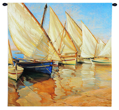 White Sails I by Jaume Laporta | Woven Tapestry Wall Art Hanging | Sailboats on Seascape Harbor Nautical Artwork | 100% Cotton USA Size 36x35 Wall Tapestry