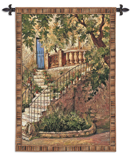 Tuscan Villa I by Roger Duvall | Woven Tapestry Wall Art Hanging | Rustic Italian Steps with Foliage | 100% Cotton USA Size 53x40 Wall Tapestry