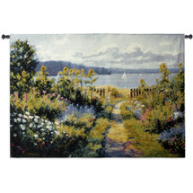 Garden View by Bruce F. McAdam | Woven Tapestry Wall Art Hanging | Scenic Coastal View from Lush Garden | 100% Cotton USA Size 53x38 Wall Tapestry