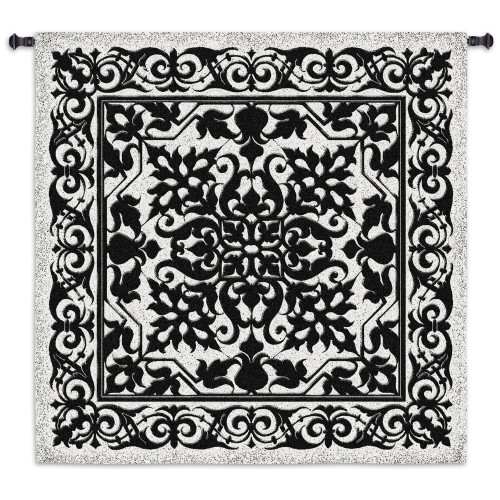 Iron Work Black and White | Woven Tapestry Wall Art Hanging | Indian Hindu Themed Intricate Architectural Metal Filigree | 100% Cotton USA Size 53x53 Wall Tapestry